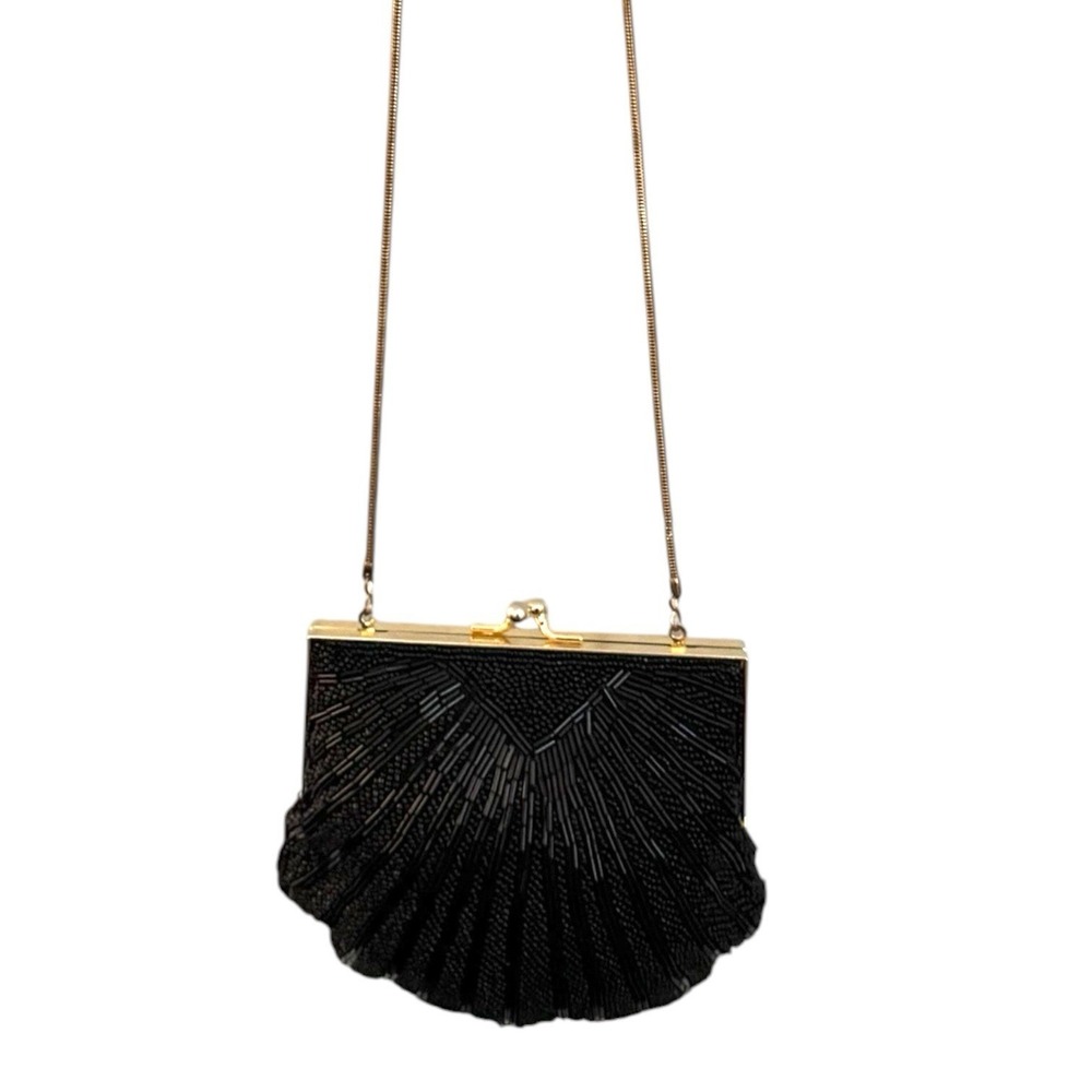 Vintage Carolyne Barton Black Beaded Shell Purse Gold Trim 21" Snake Chain‎